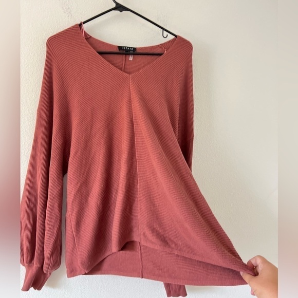 1. State Bubble Balloon Sleeve Ribbed V-Neck Terra Earth Sweater XL - Picture 3 of 16